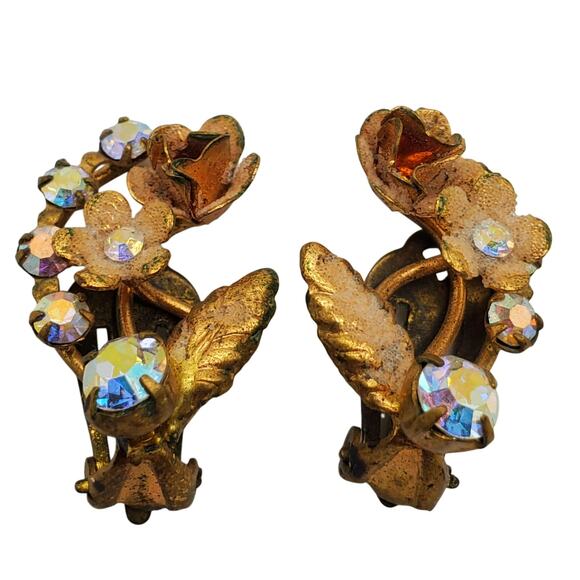 Retro Austrian AB Crystal Earrings Gold Tone Clip Rhinestone Flower Spray 1960s - Picture 1 of 6
